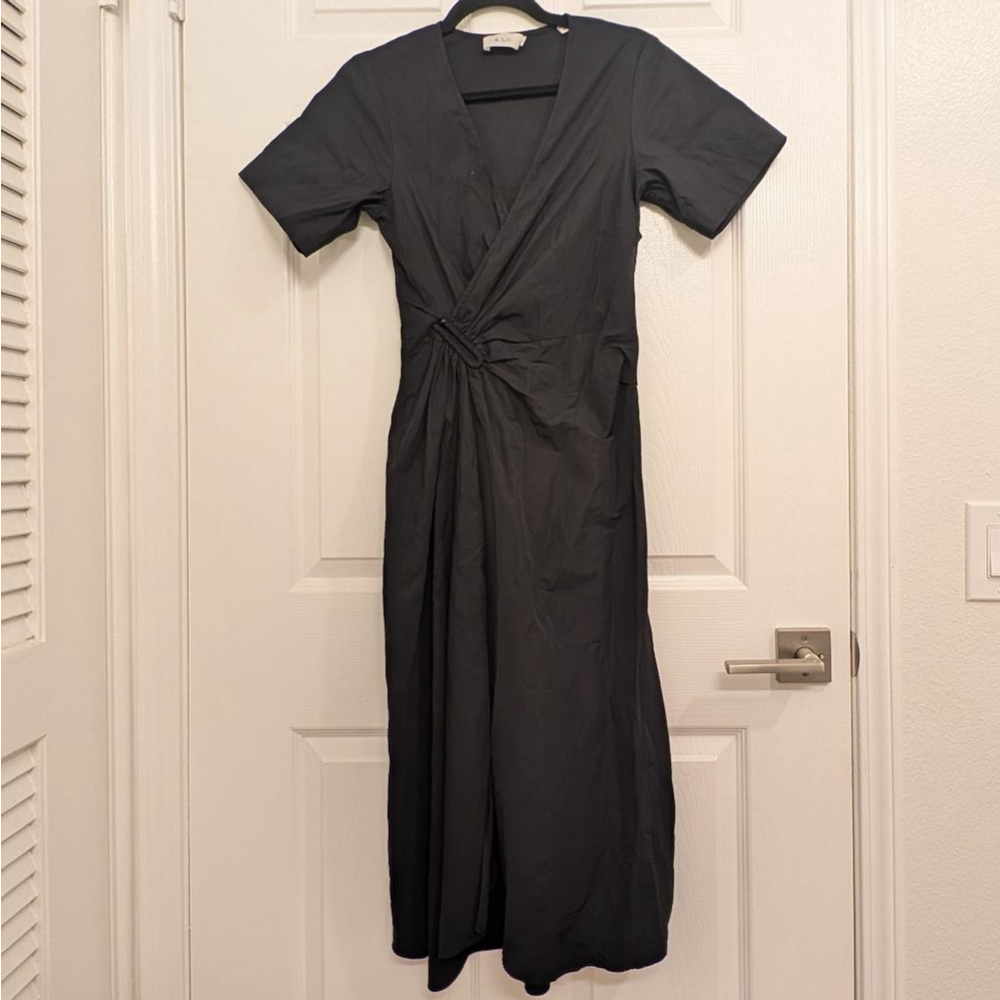 A.L.C. Edie Linen Blend Wrap Midi Dress Black V-Neck Stretch ASO Celebrity Sz 4 - Picture 3 of 9